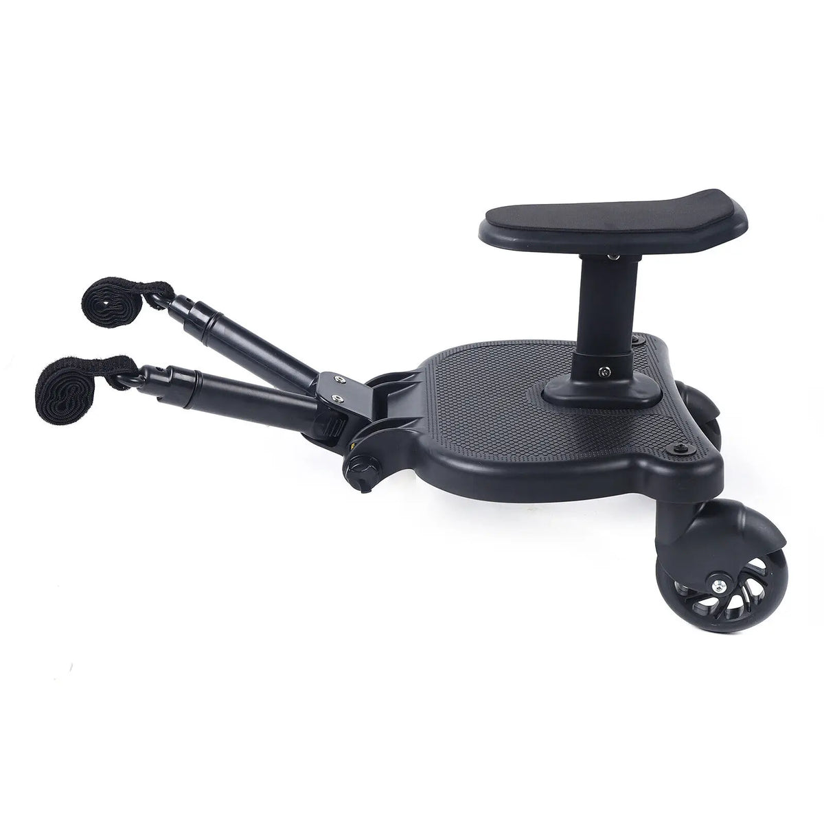 Black universal stroller board with a seat attachment