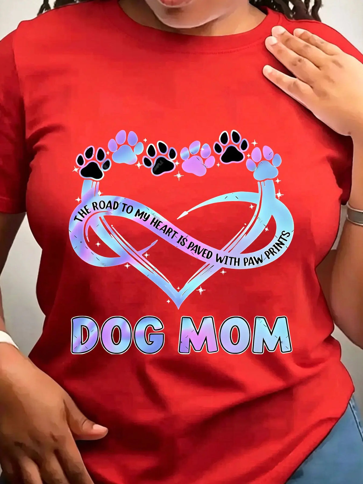 Red crew neck t-shirt with Dog Mom infinity heart and paw print design