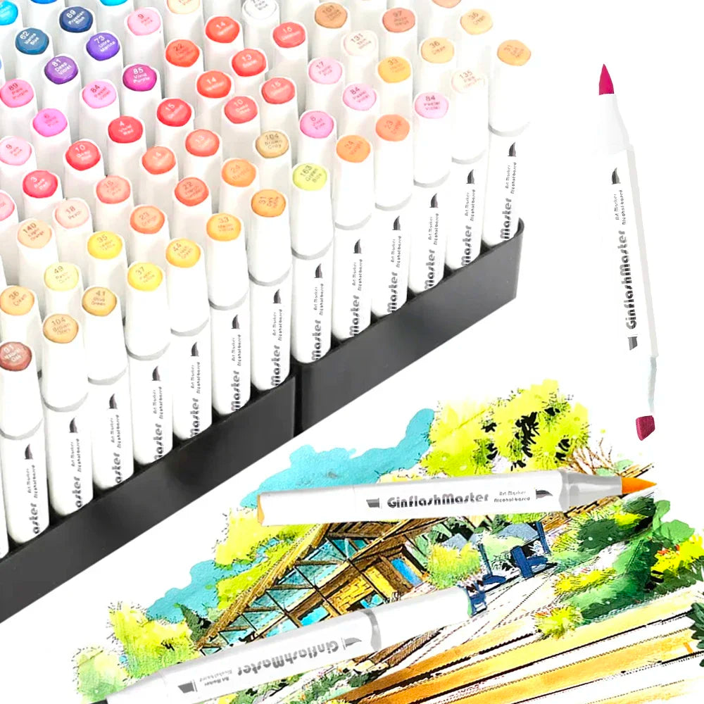 A large collection of alcohol-based art markers with brush and chisel tips in a black display stand