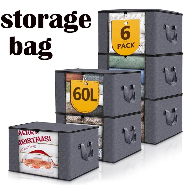 Multiple grey foldable fabric clothing storage bags stacked and placed, some with promotional labels.