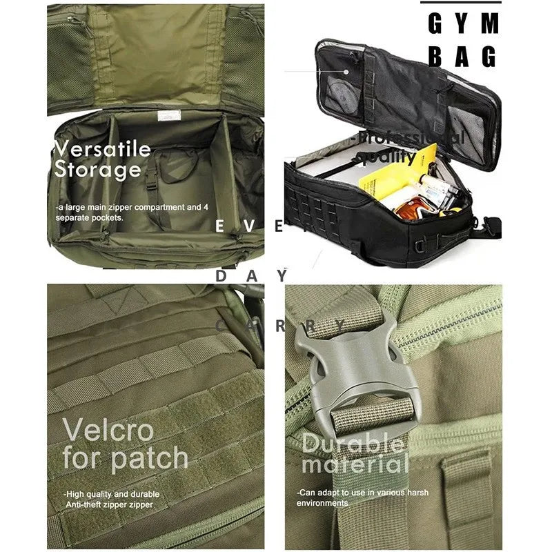 Internal storage compartments, pockets, and buckle details of a tactical bag