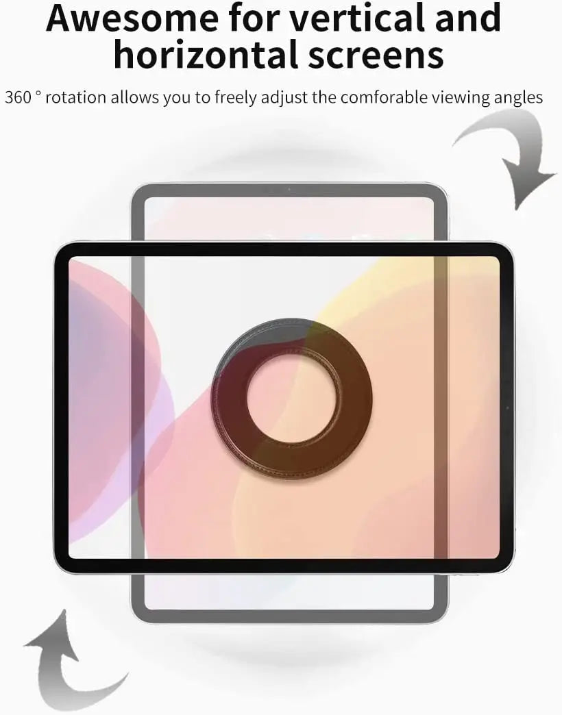 Illustration of a tablet with a magnetic ring, demonstrating 360-degree rotation for viewing angles