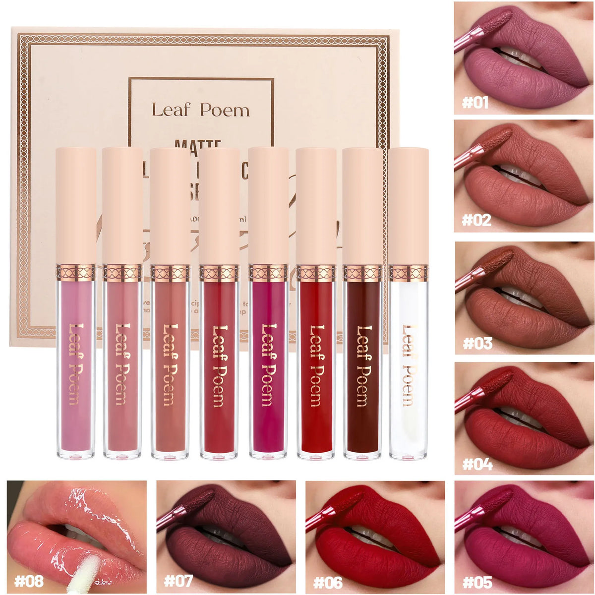 A set of eight liquid lipsticks with swatches showing various matte and glossy shades on lips.