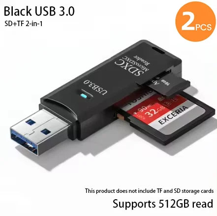 2-in-1 USB Memory Card Reader for SD and TF Cards – 2pcs Blac3.0