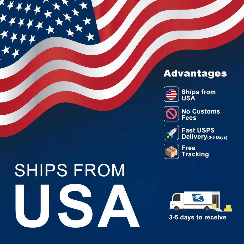 Graphic showing USA shipping advantages including 3-5 day delivery, no customs fees, and free tracking.
