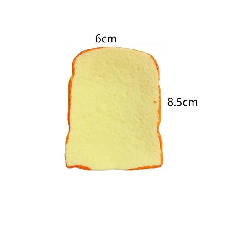 A yellow and orange toast shaped squishy toy with dimension labels