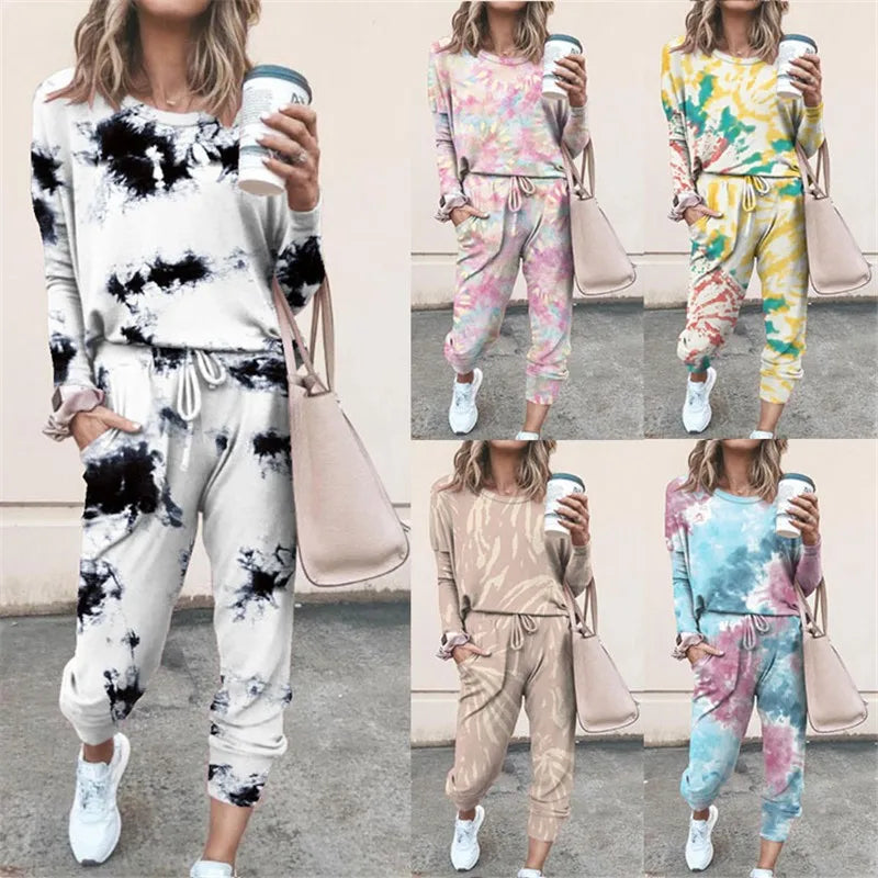 A woman wearing various styles of long-sleeved tie-dye loungewear sets including tops and joggers.
