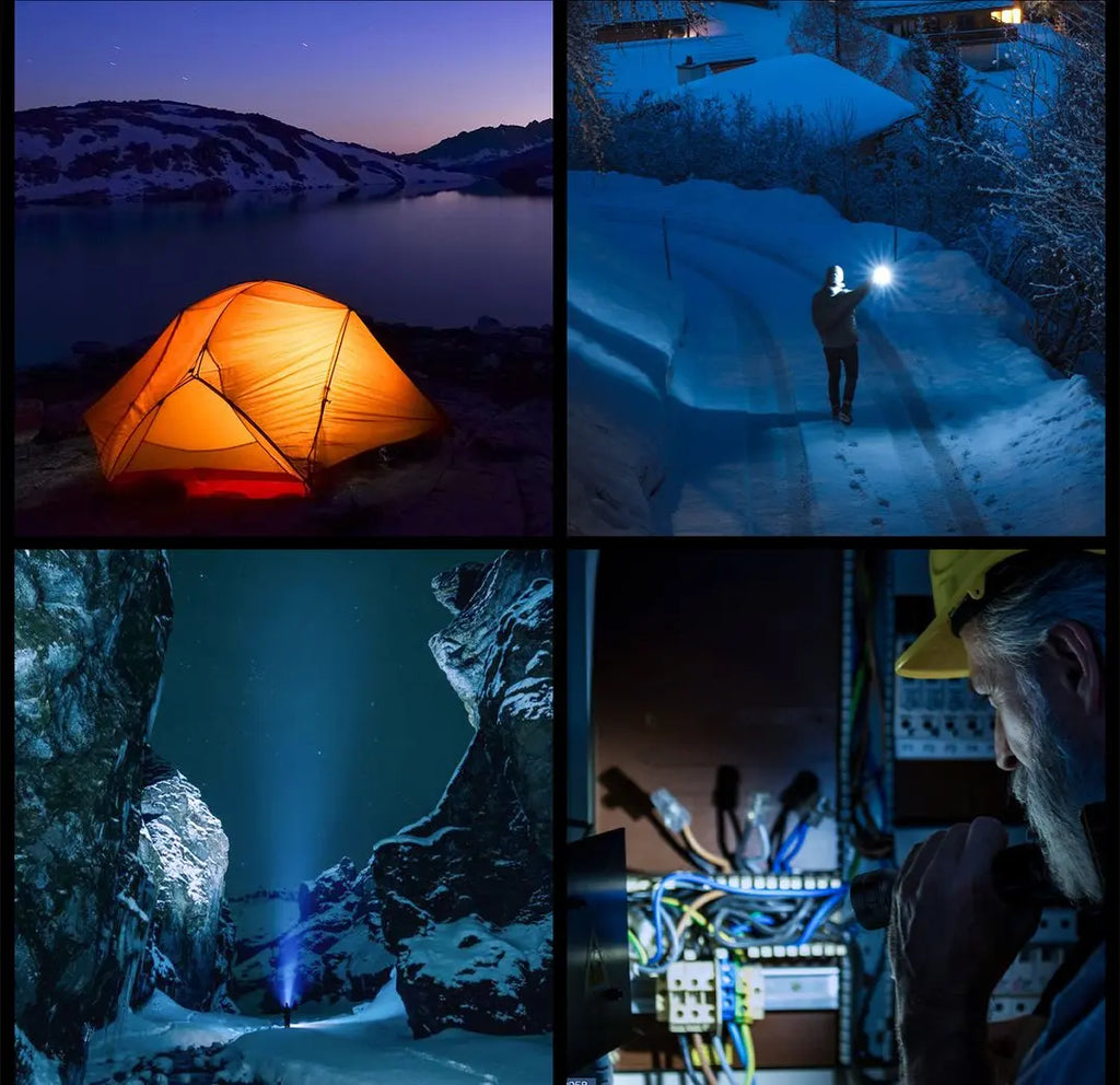 Collage showing a tent, a person walking in the snow, a cave, and a person inspecting electrical wires with a flashlight