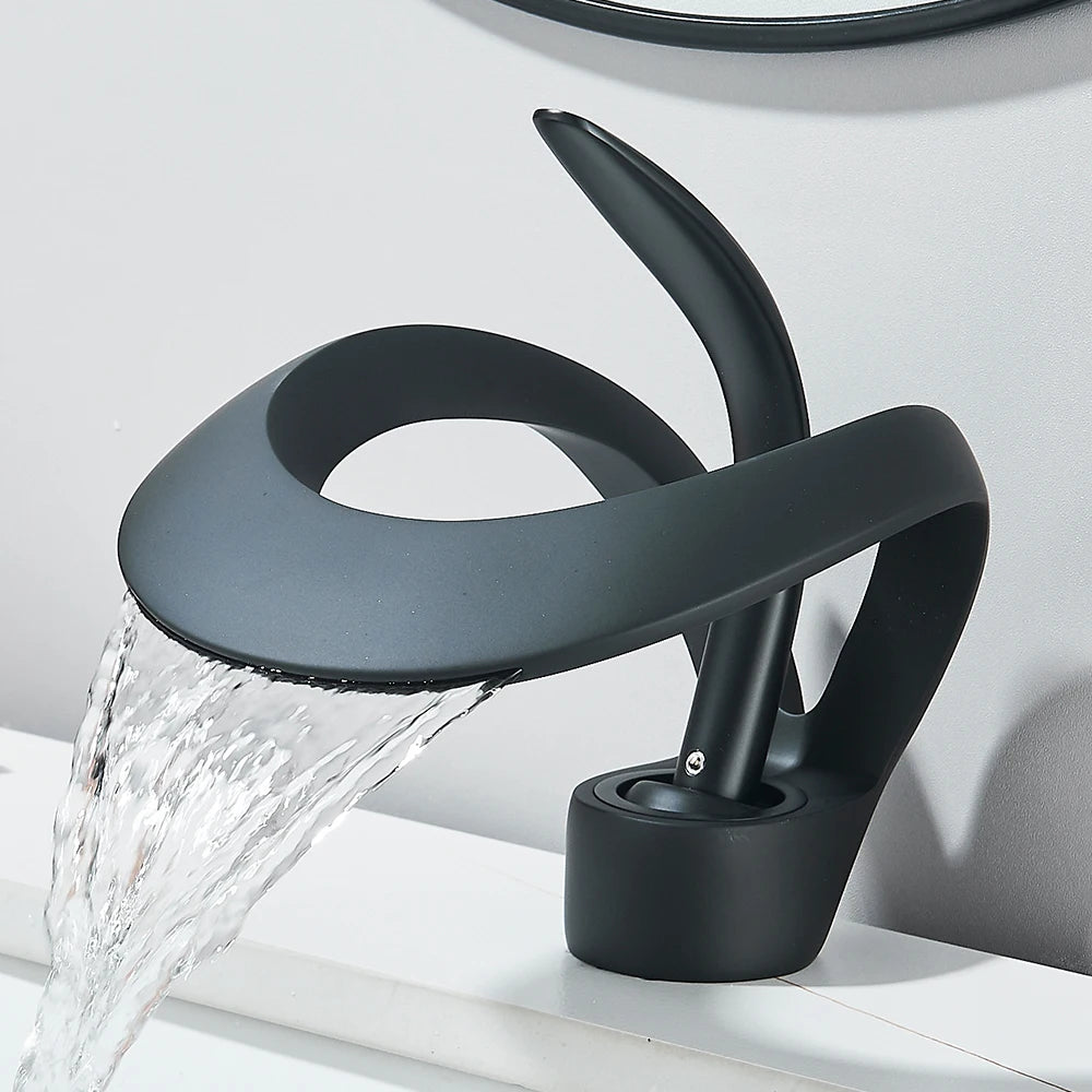 Solid Brass Waterfall Basin Faucet with Single Handle Mixer – Matte Black