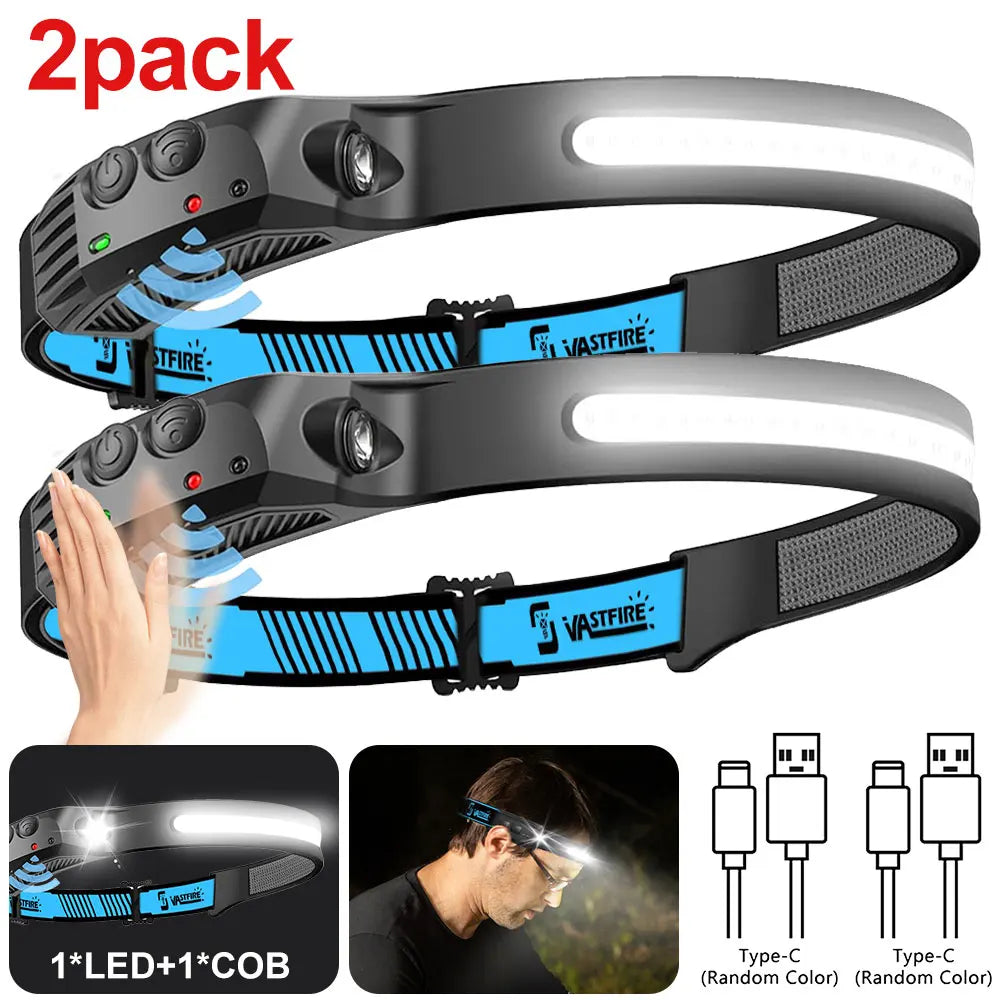 Vastfire 1000mAh COB LED Headlamp with Sensor and USB Rechargeable Battery – 1-White 2PCS
