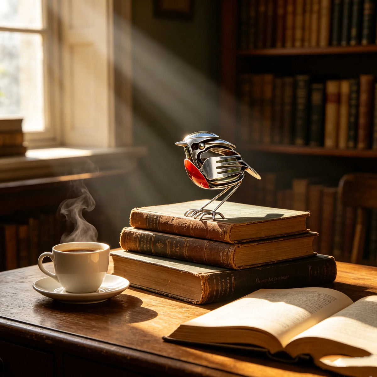 Stainless steel robin figurine made from cutlery placed on a stack of books next to a cup of coffee