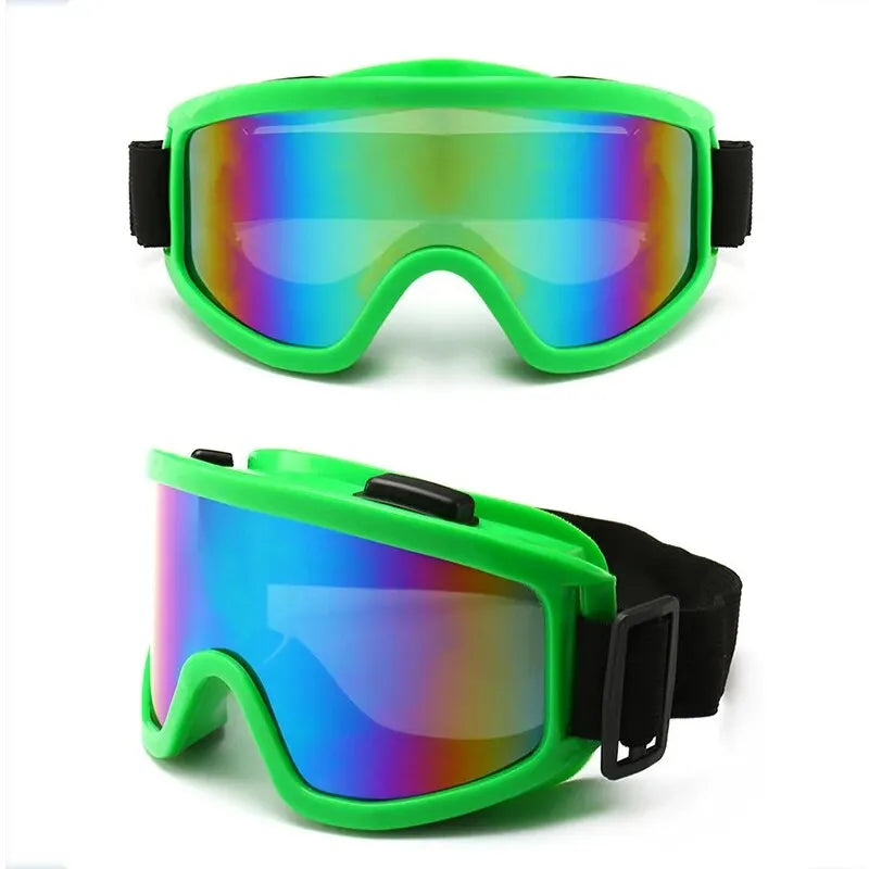 Green protective sports goggles with iridescent mirror lens, two views