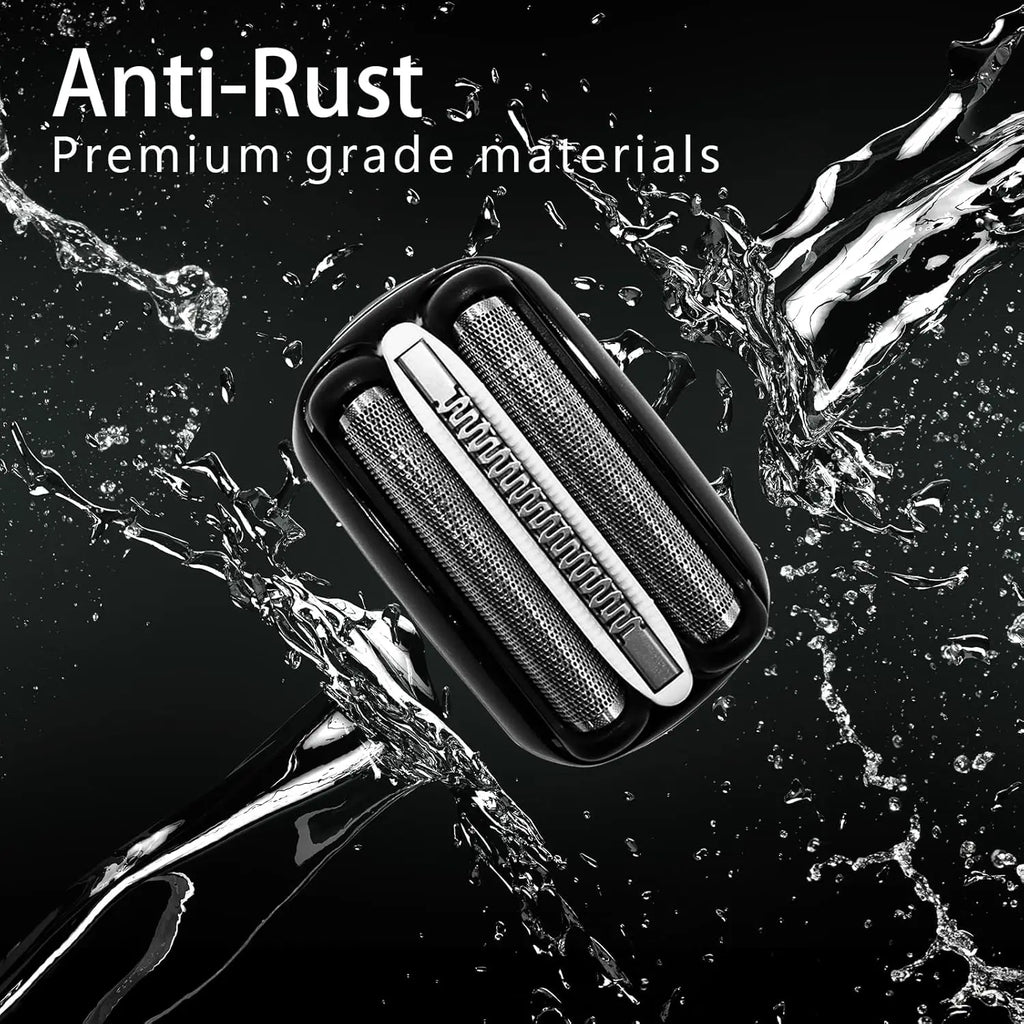 Replacement shaver head made of premium anti-rust material surrounded by water splashes.