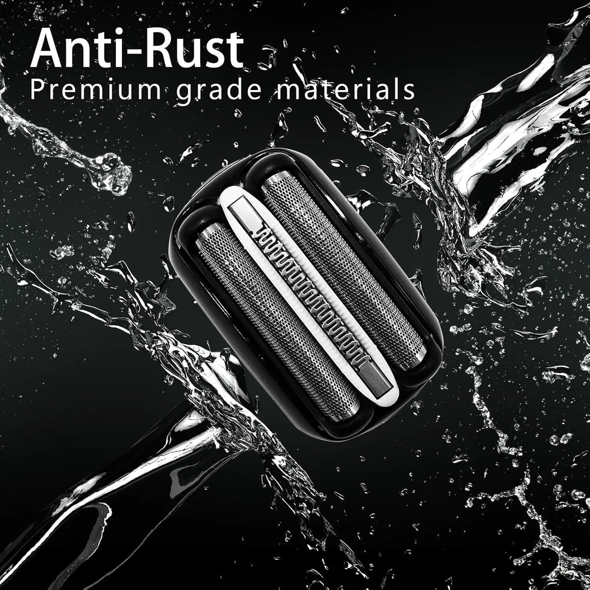 Replacement shaver head made of premium anti-rust material surrounded by water splashes.