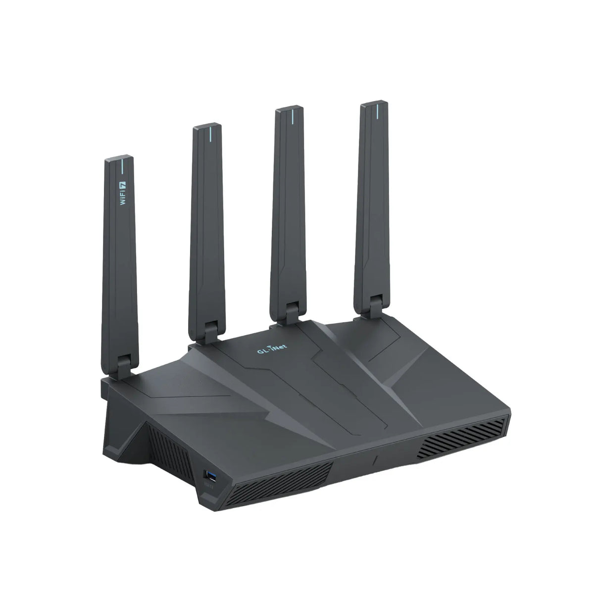 A black dual-band Wi-Fi 7 home router with four antennas.