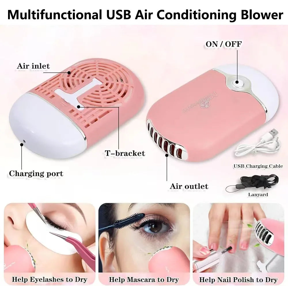 Instructional diagram showing the parts and usage of a portable pink eyelash drying fan with power options.