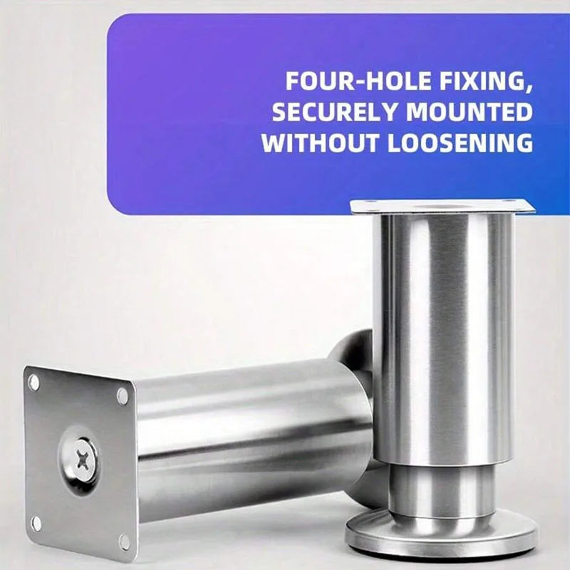 Two stainless steel furniture legs, one standing vertically and one lying horizontally, showing the mounting plate