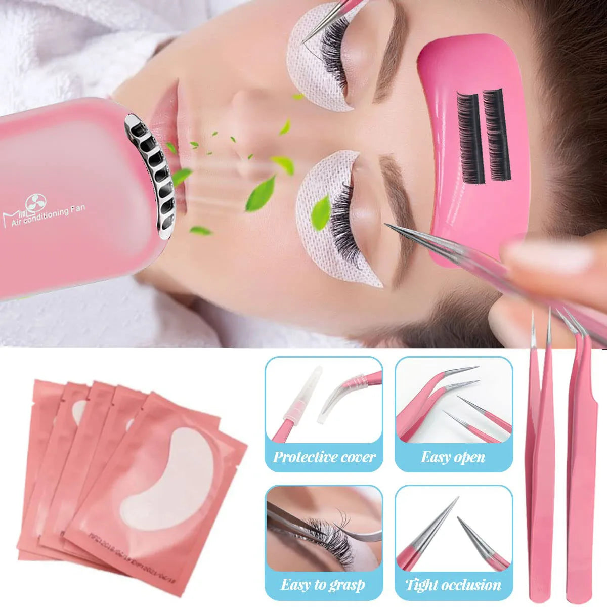 Demonstration of eyelash extension tools including a pink fan and tweezers on a person with application tips shown in small