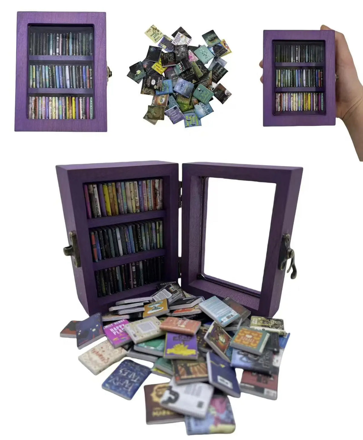 A collection of images showing a purple bookshelf filled with miniature books and loose miniature books scattered around.