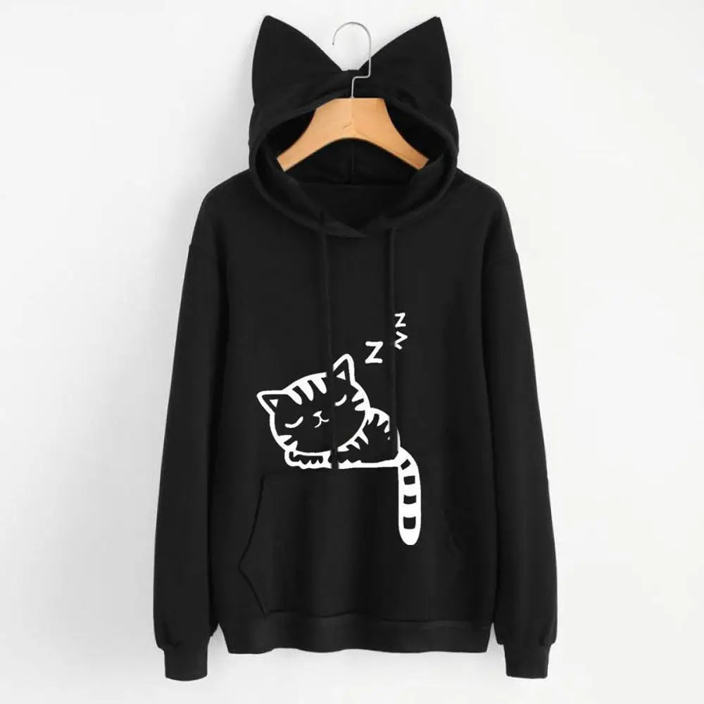 A black hooded sweatshirt with cat ears on the hood and a sleeping cat print on the front.