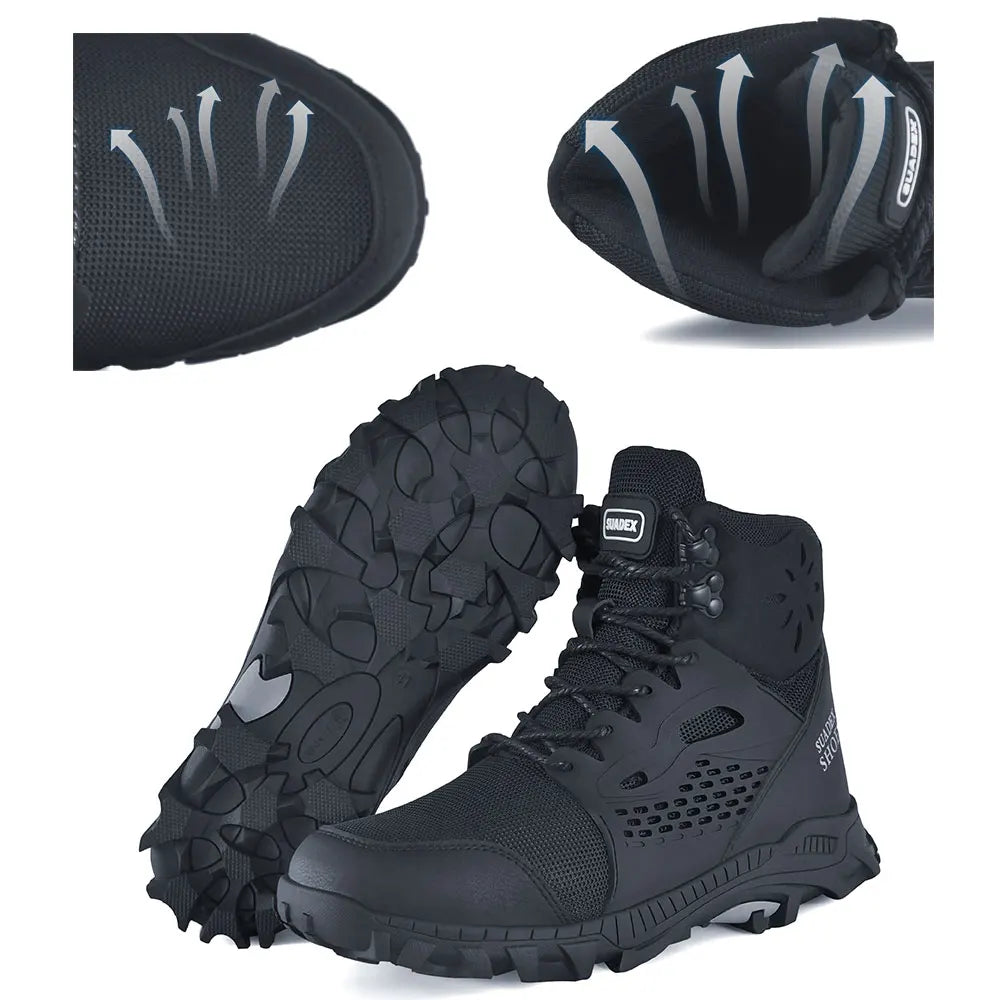Black safety boots with airflow graphics illustrating breathability