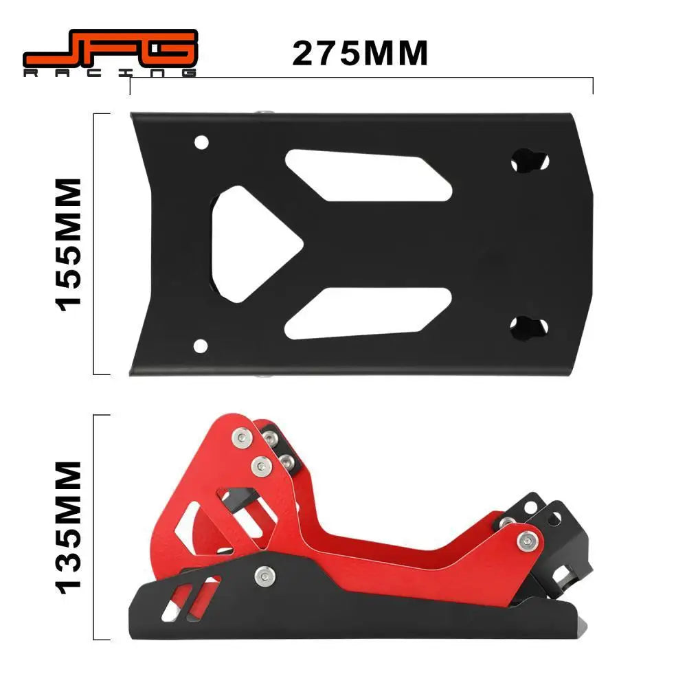 A black and red motorcycle wheel chock stand with dimensional measurements in millimeters.