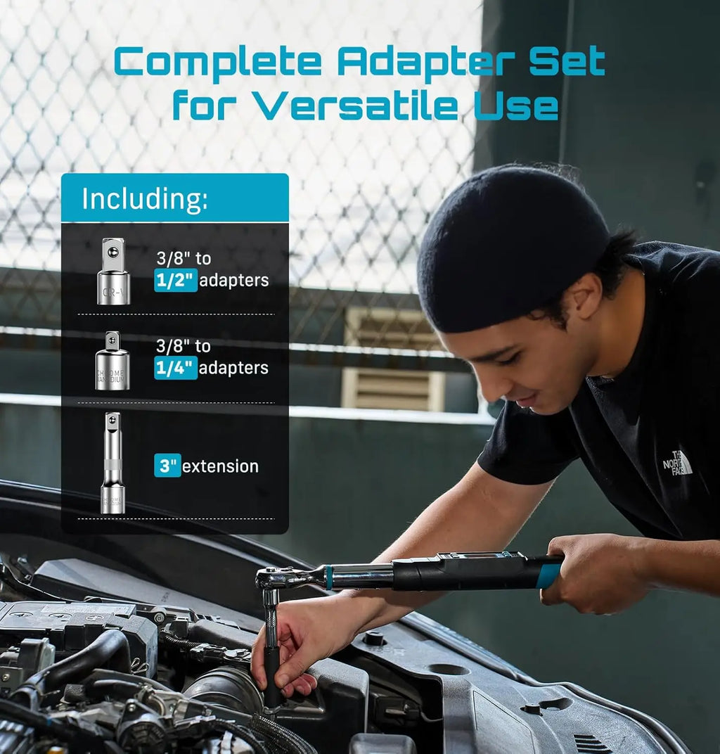 A person using a digital torque wrench to repair a car engine, showing the complete adapter set including extension bar.
