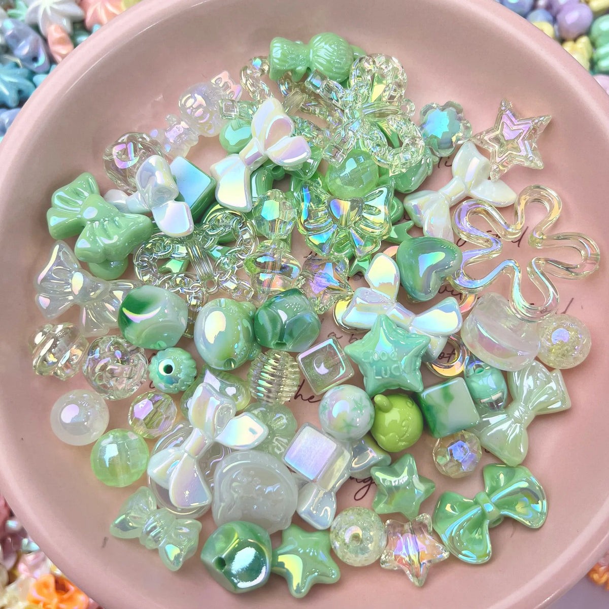 20g Y2K Acrylic Mixed Bowknot, Flower, and Heart Beads for DIY Jewelry – Green