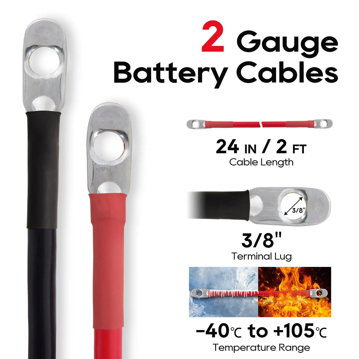 Diagram showing 2 gauge battery cables with specifications for length, terminal size, and temperature range.