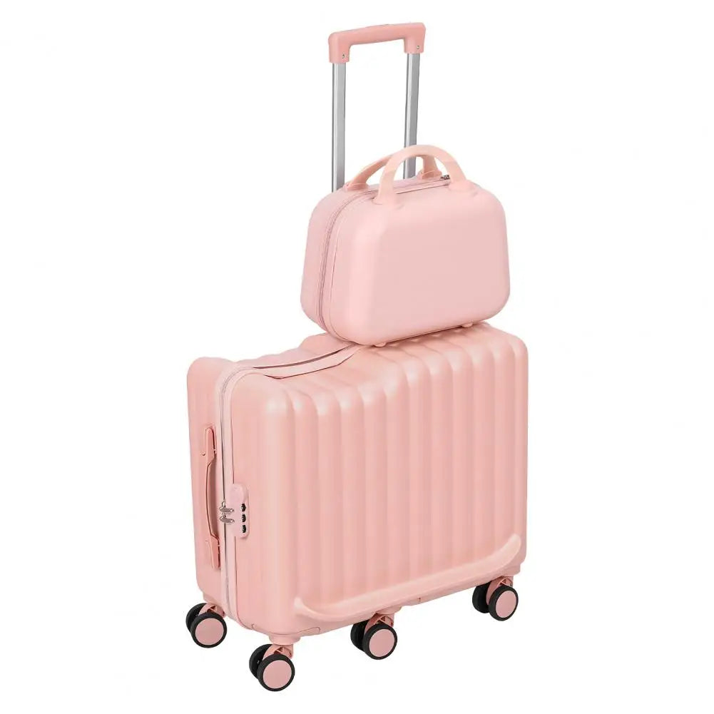 Front angle view of a pink ride-on kids travel suitcase set with a small matching bag.