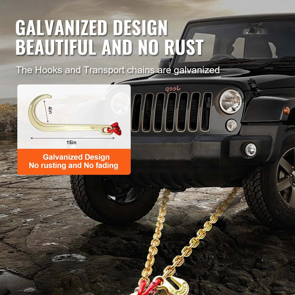 Galvanized towing chains with J-hooks attached to a dark vehicle in a rugged environment