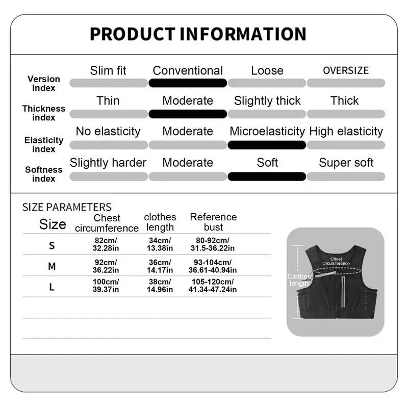 Size chart for running chest vest