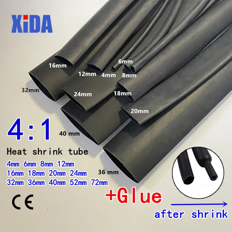 A collection of black dual wall heat shrink tubes with various diameter labels