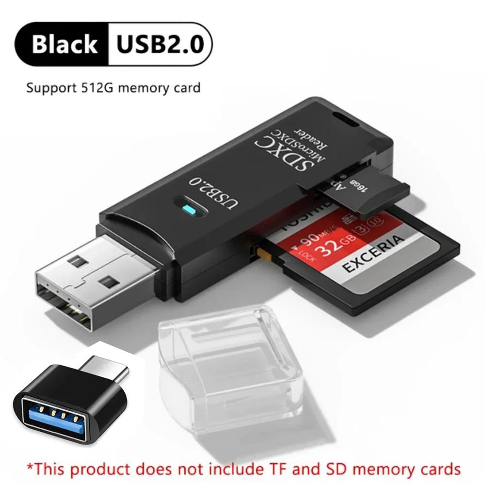2-in-1 USB Memory Card Reader for SD and TF Cards – Black2.0 USB