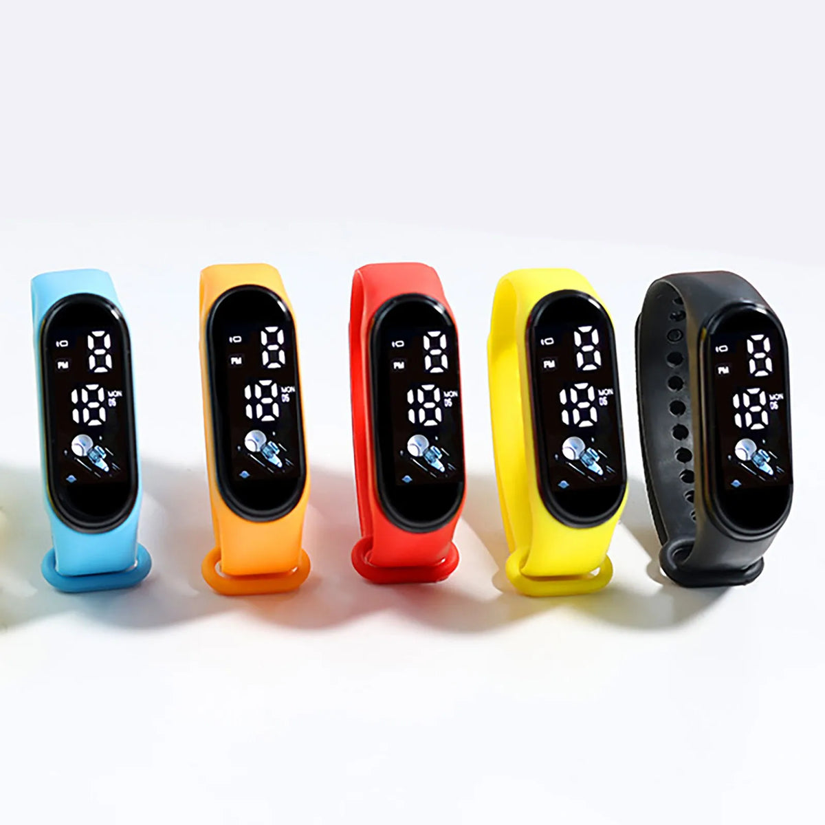 Five colorful silicone digital sports watches with black LED screens, arranged in a row.