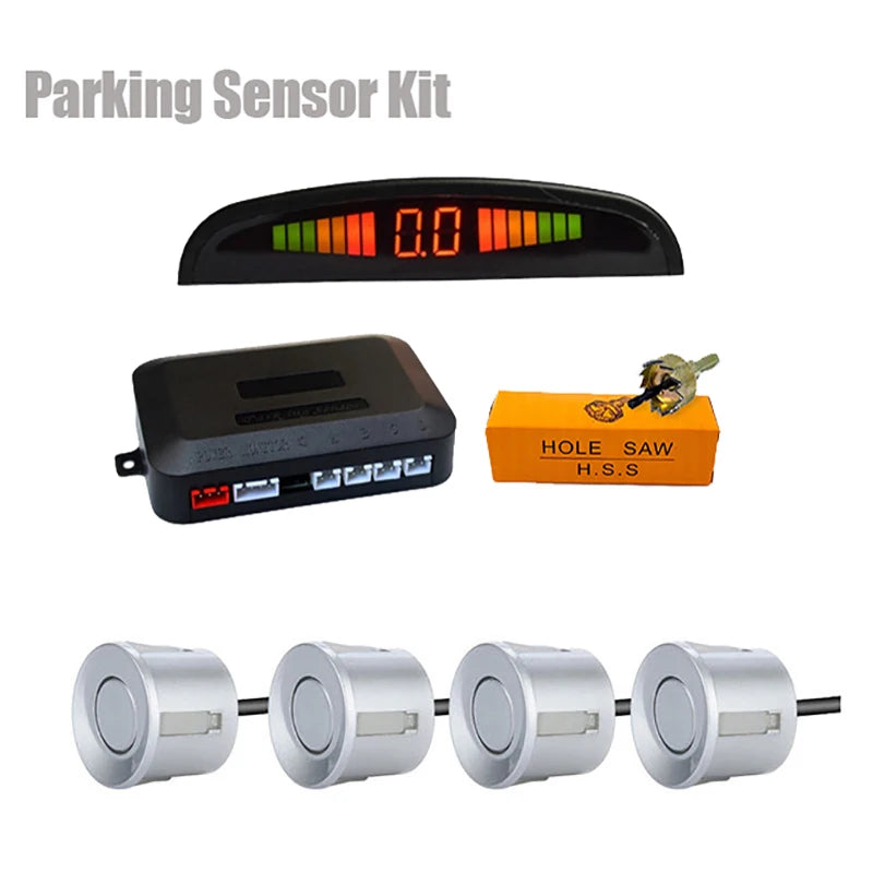 Car LED Parking Sensor Kit with 4 Ultrasonic Sensors and Digital Display – Silver
