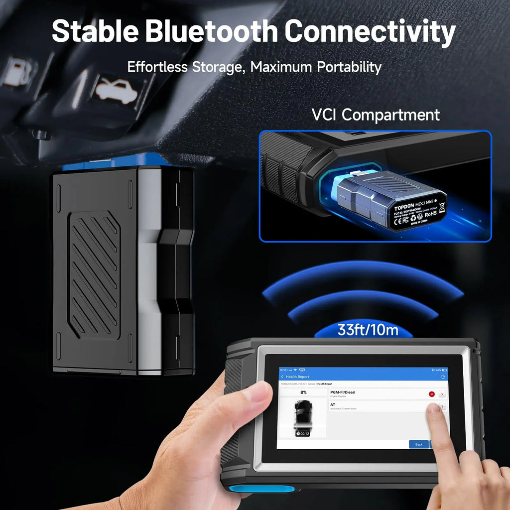 Wireless car diagnostic tablet with VCI module illustrating 33ft Bluetooth connectivity.