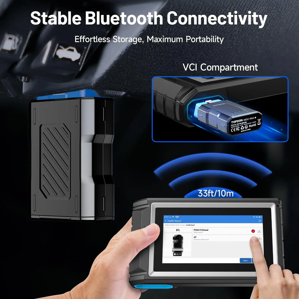 Wireless car diagnostic tablet with VCI module illustrating 33ft Bluetooth connectivity.