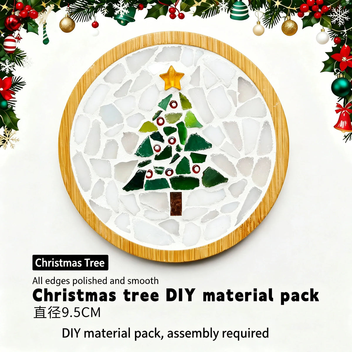 Handmade DIY Mosaic Cup Mat Kit with Bamboo Base and Glass Tiles – Christmas tree-2