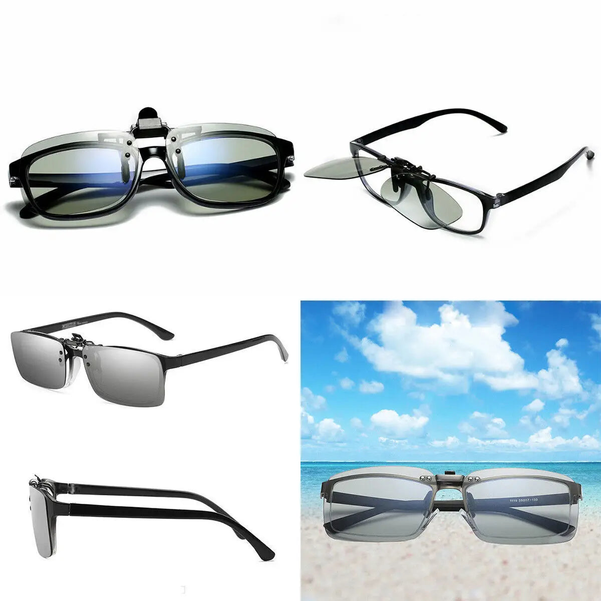 Assorted views of grey photochromic clip-on sunglasses attached to optical frames