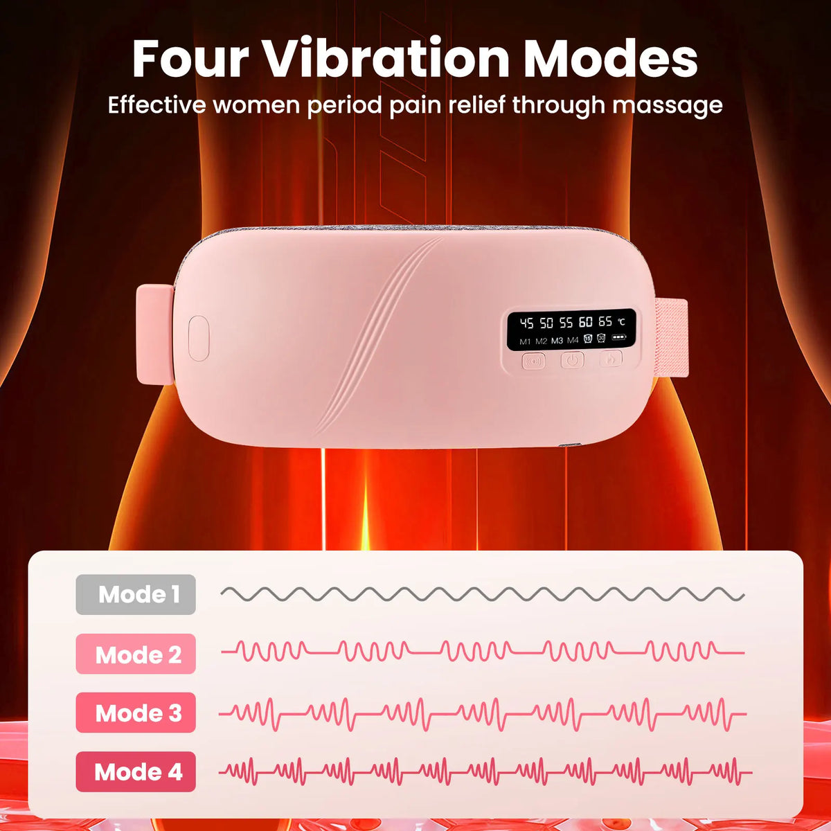 Pink electric menstrual heating belt showing four different massage vibration modes