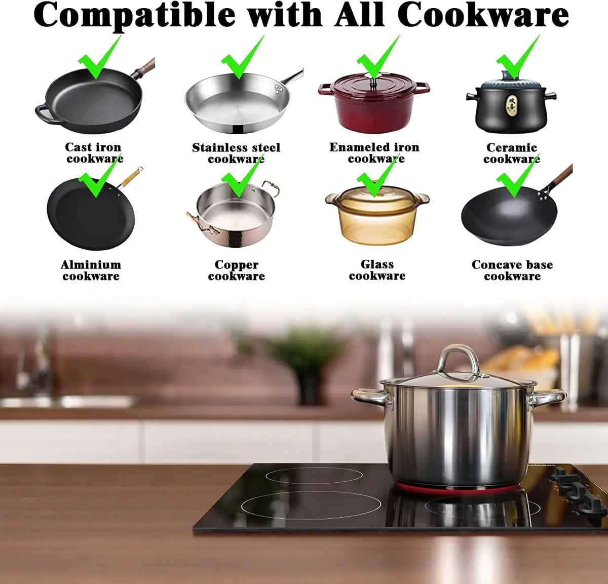 Compatibility chart showing various types of cookware suitable for an electric radiant cooktop