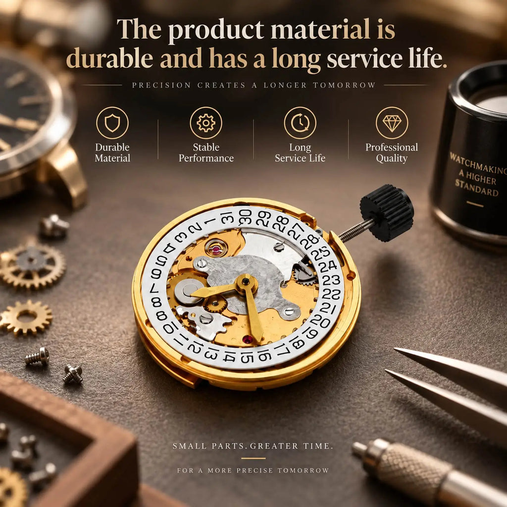 A mechanical watch movement on a workstation table with durability and quality descriptive text