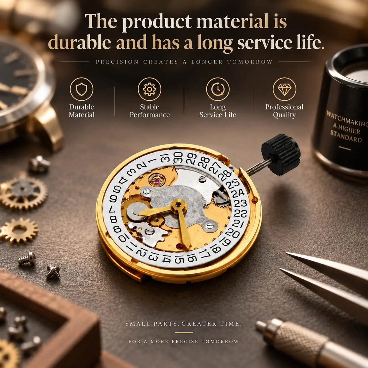 A mechanical watch movement on a workstation table with durability and quality descriptive text