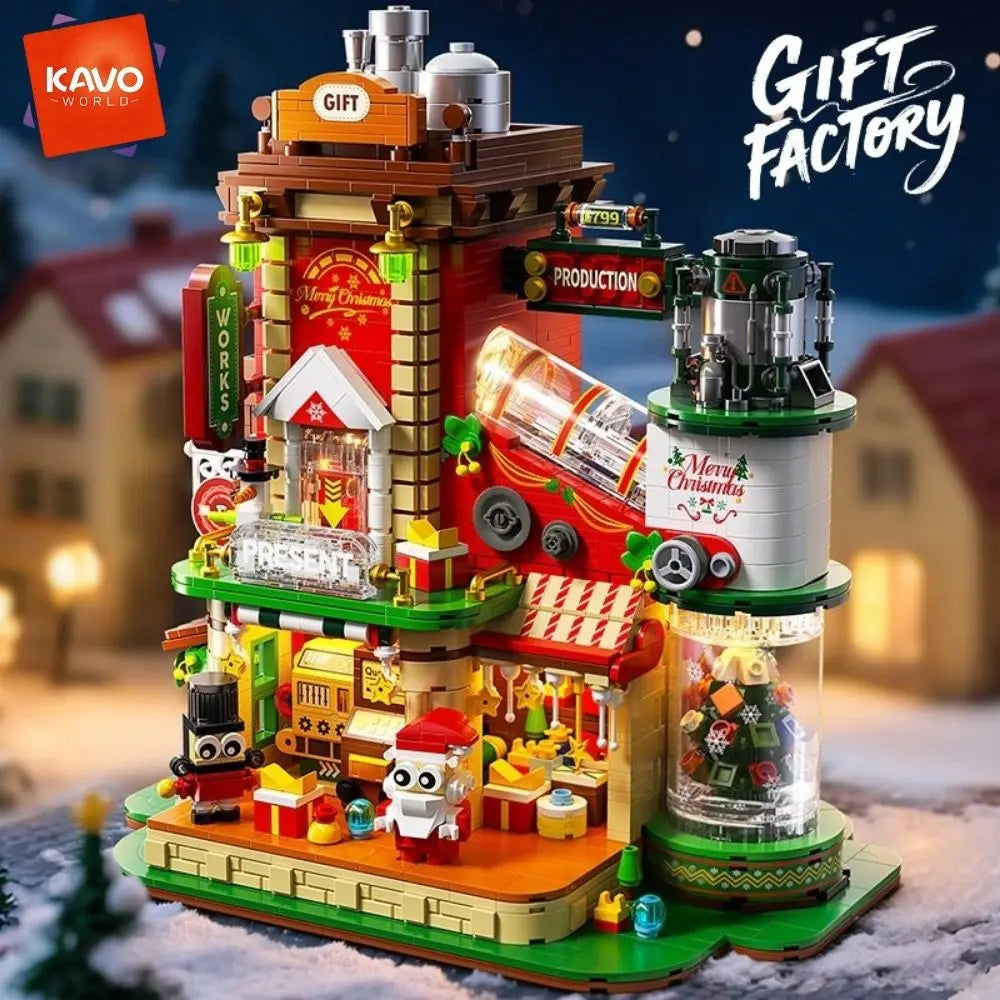 Christmas themed gift factory building block construction set with LED lights and figurines