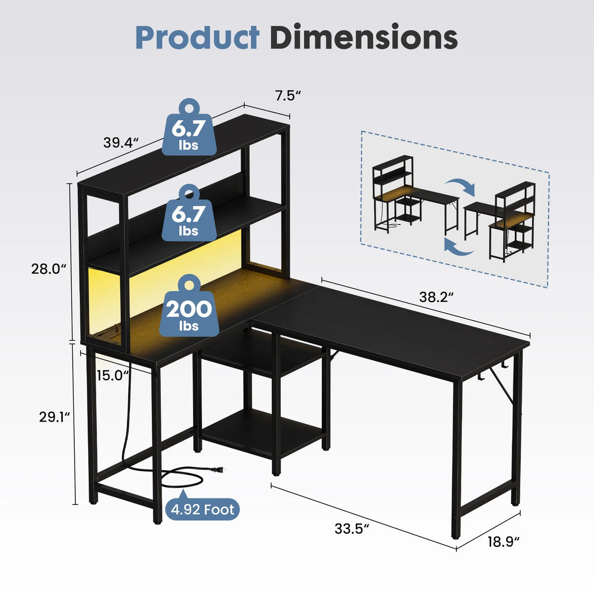 JHK 53 Inch L Shaped Gaming Desk with LED Light Reversible Computer Desk with Adjustable Shelf USB Power Outlet Corner Desk – view 2