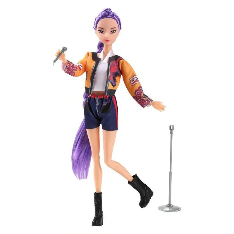 Singer doll with long purple hair, orange jacket, blue shorts, black boots, microphone and stand