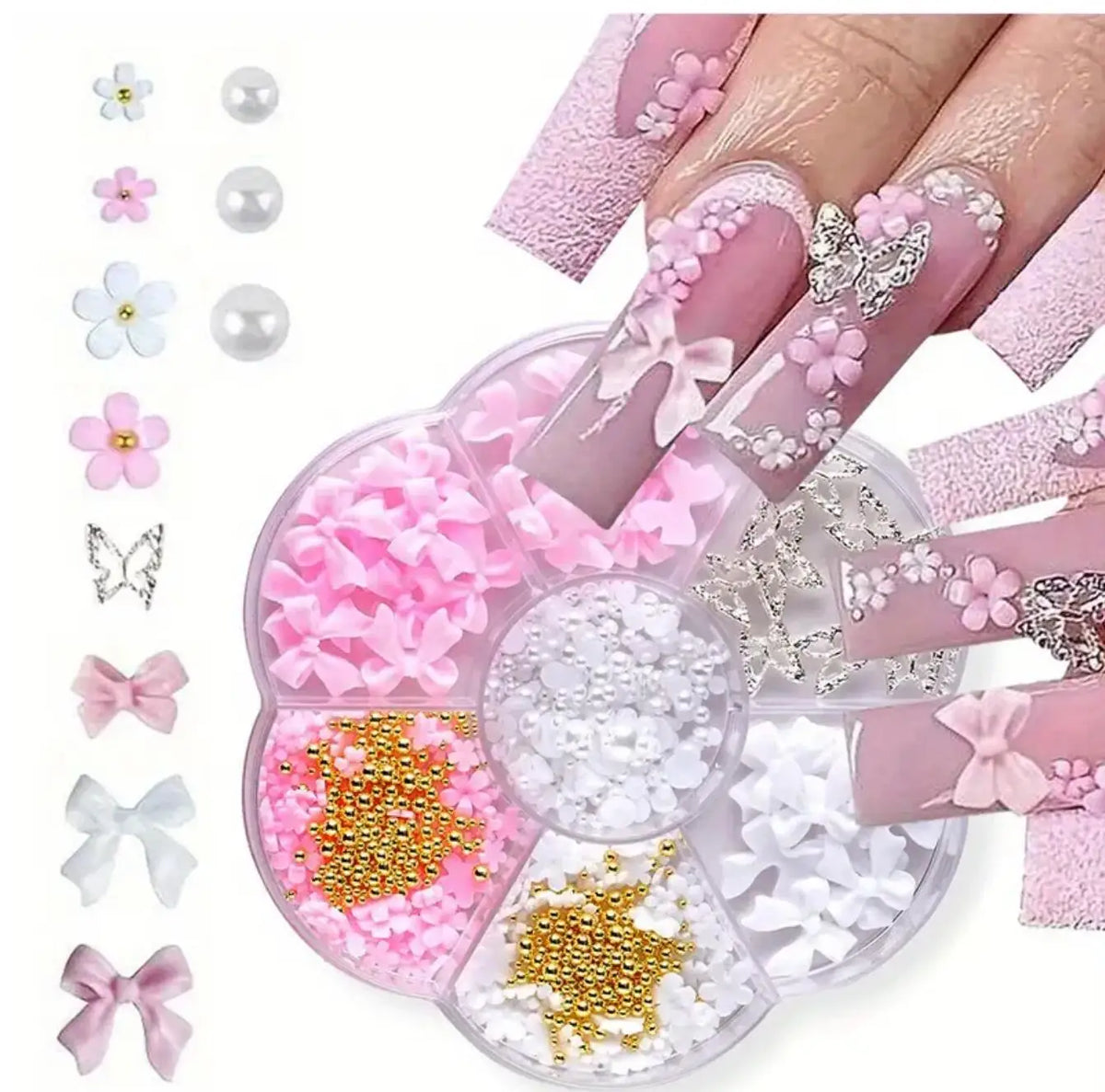 3D Bowknot Nail Art Decorations with Steel Beads and Pearls, 7-Grid Box – ZP185