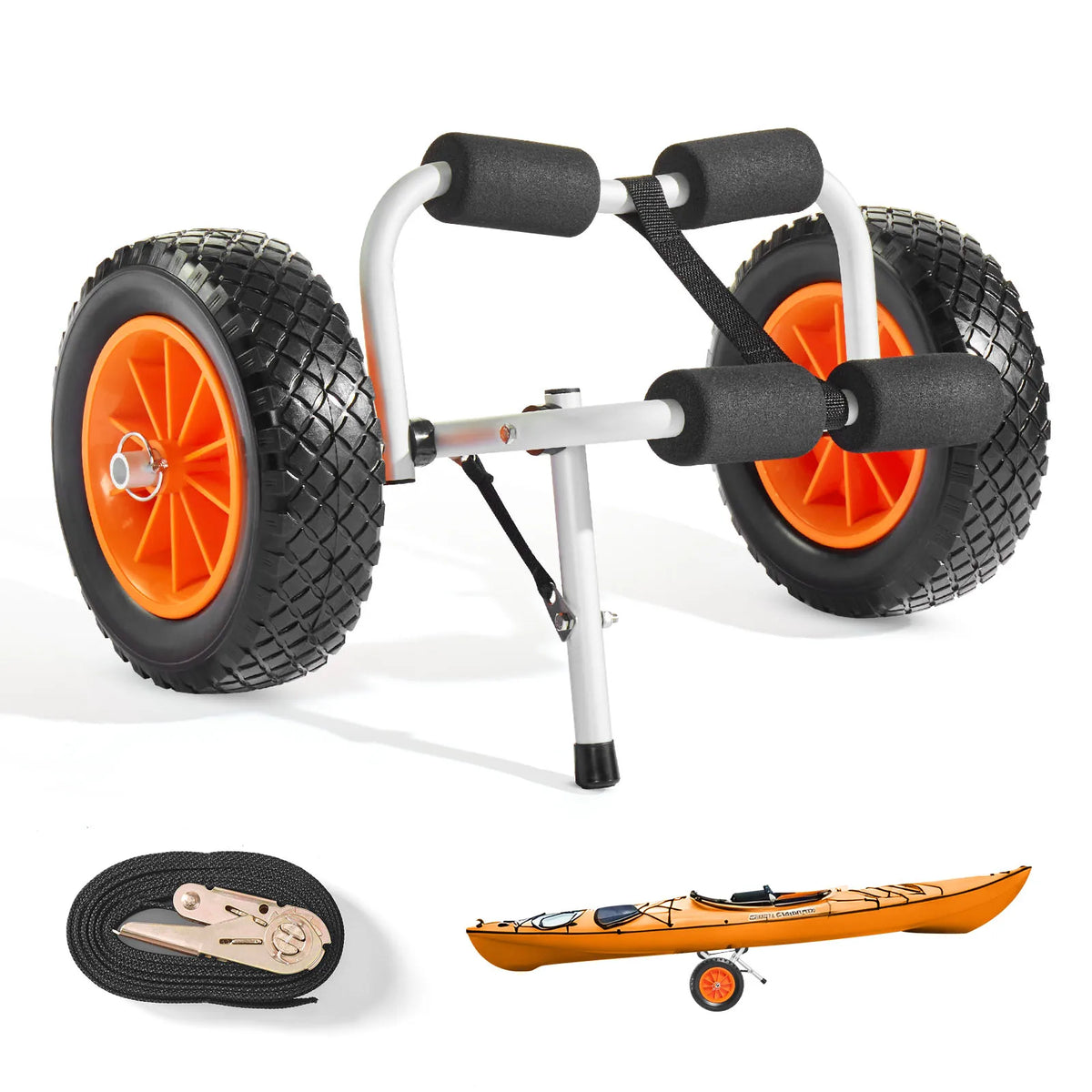 A foldable kayak cart with orange and black wheels and foam padding with a strap and a small kayak