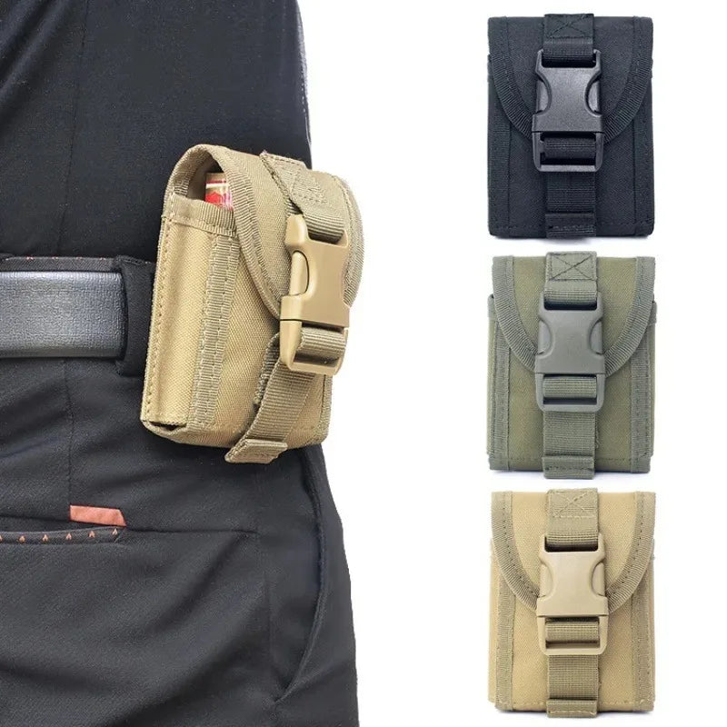 A person wearing a tactical molle pouch on their belt, with three color variants shown separately.